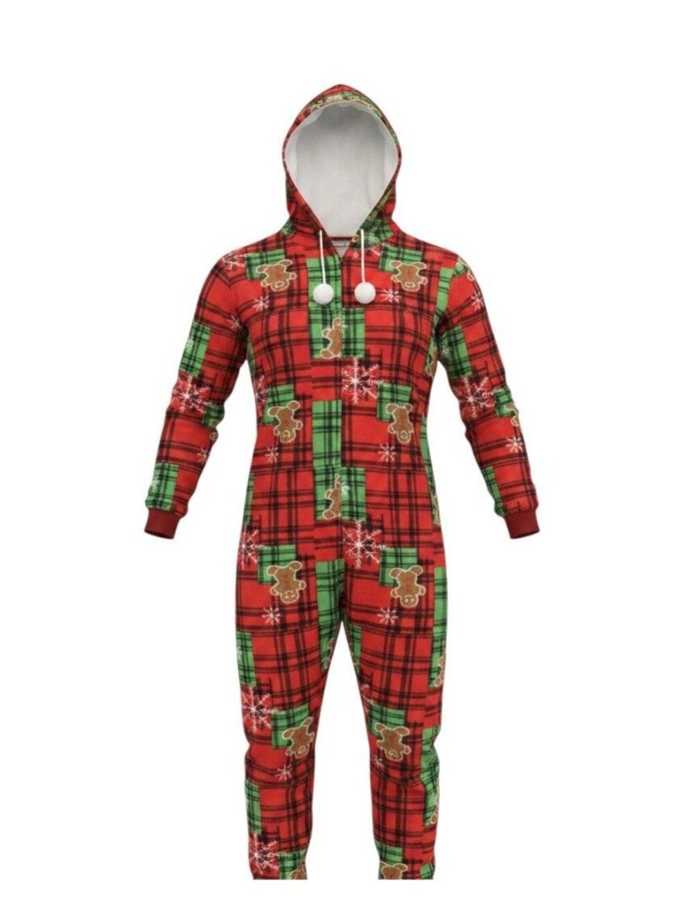 Poof Women's Red Plaid Christmas Gingerbread Hooded Zip One Piece Pajama L NWT